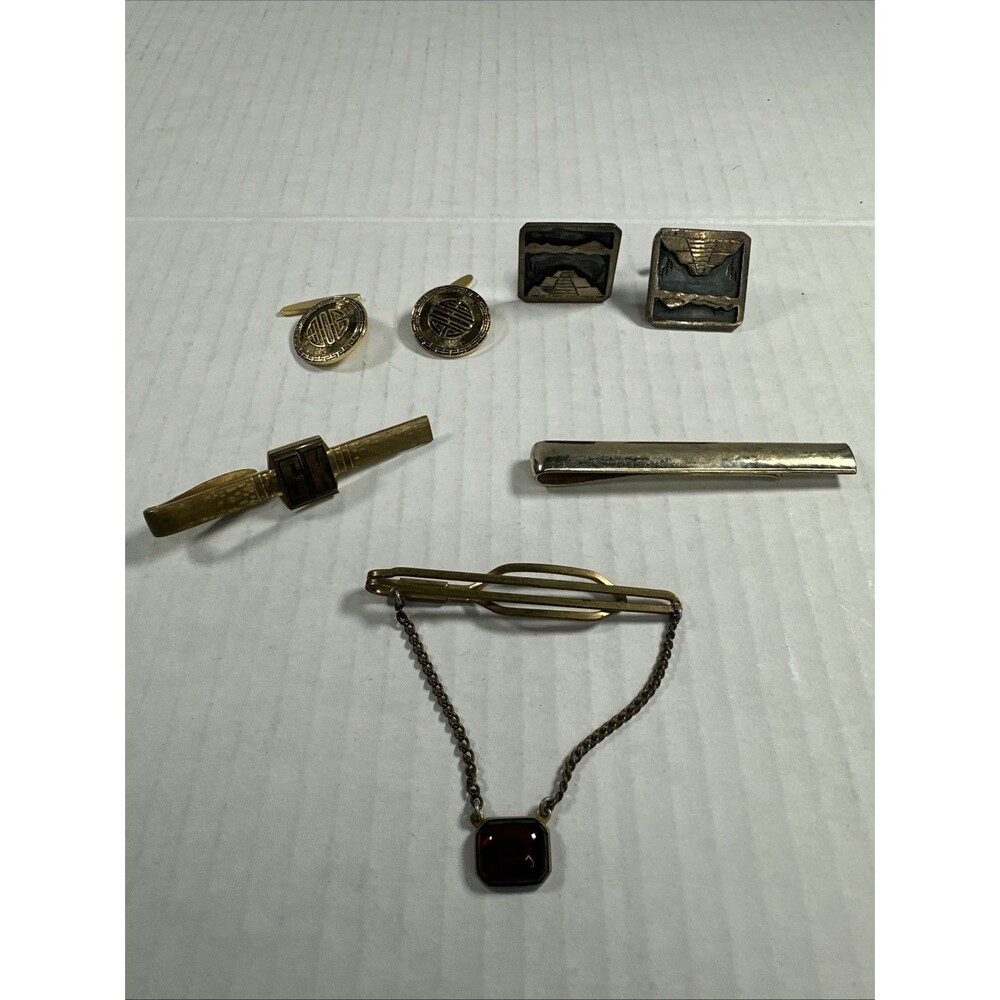 Vintage Men's Cufflinks and Tie Clips Lot 7 Gold Tone Mixed